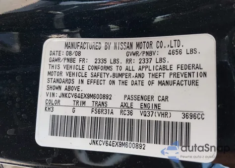 2009 Infiniti G37 Sport z USA, uszkodzony, nr VIN JNKCV64EX9M600892